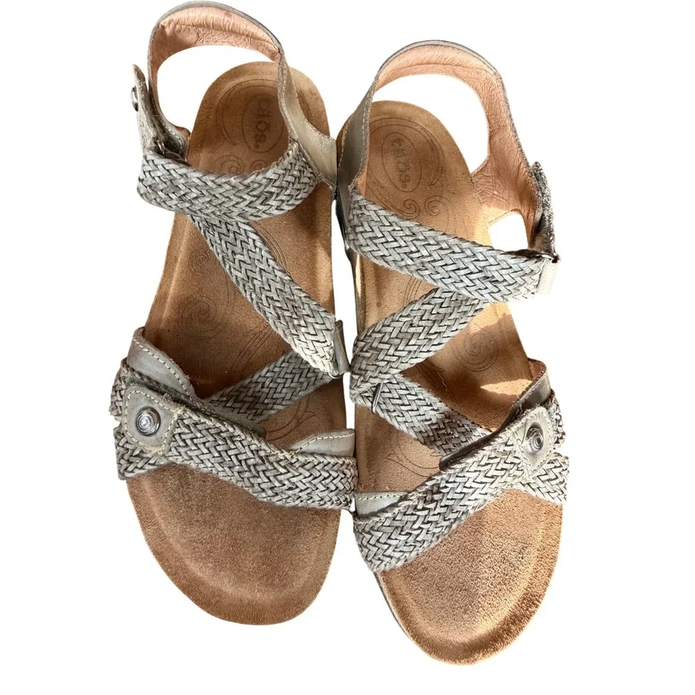 Taos Trulie Pewter Woven Leather Comfort Wedge Sandals Womens 7-7.5 EUR 38